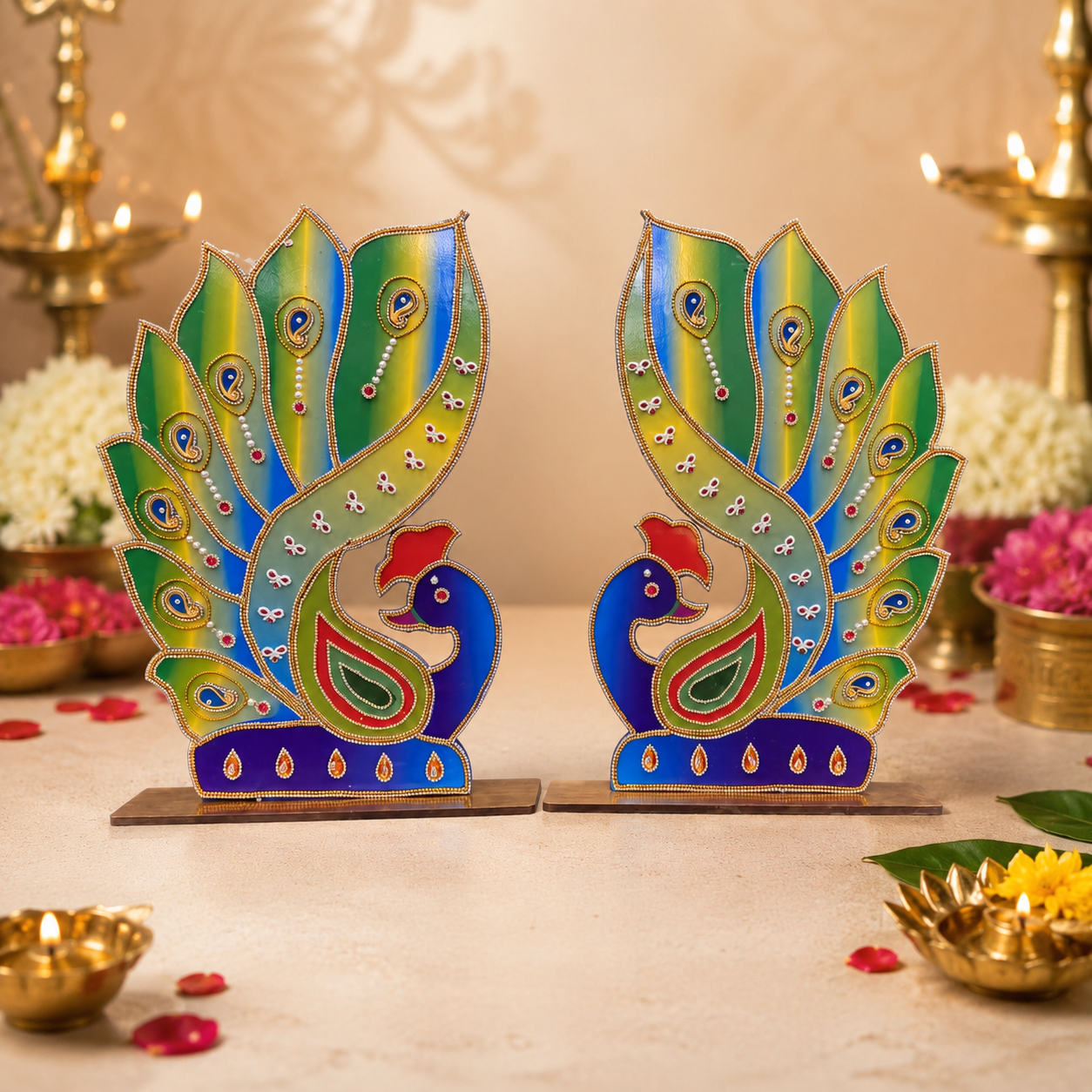 Puja Celebrations MDF Peacock Stand Pair